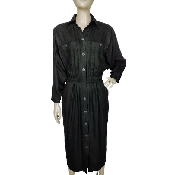 Vintage 80's Phoebe Black Textured Button-Down Batwing Sleeve Midi Wiggl… - Picture 1 of 10